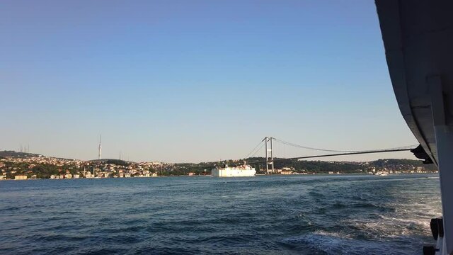 Bosporus Feribot tour.silhouettes of Hagia Sophia, Suleymaniye, Blue Mosque.