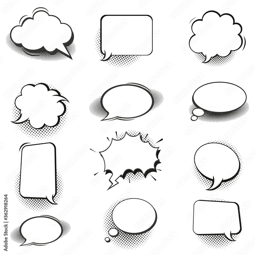 Poster retro empty comic bubbles and elements set with black halftone shadows on white background. vector i