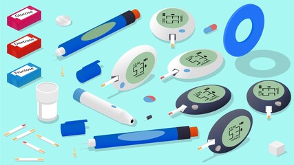 Isometric glucose monitoring set. Glucometer, insulin pen, test strips, lancet, pills, sugar cube and blue symbol for diabetes.