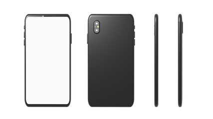 High Resolution 3D Rendered Isolated Smartphone with Modern Design and White Screen on the white background All View (Front, Back, Right, Left)