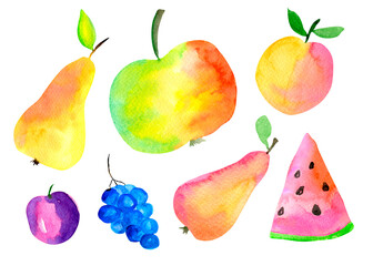 Red, yellow and orange juicy fruit hand painting illustration. Watercolor pear, apple, peach, watermelon, grapes, plum, set isolated on white background.
