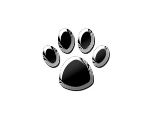 Metallic chrome Paw print . Paw foot trail print of animal. Dog, cat, bear, puppy silhouette. Collection of paw prints. Different animal paw 3d illustration