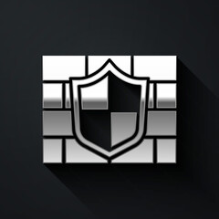 Silver Shield with cyber security brick wall icon isolated on black background. Data protection symbol. Firewall. Network protection. Long shadow style. Vector.