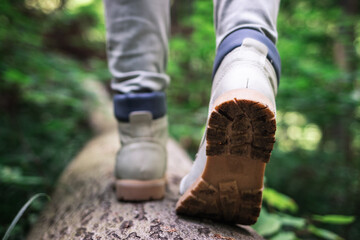 Hiking boot. Hiker walking at fallen tree trunk in forest	