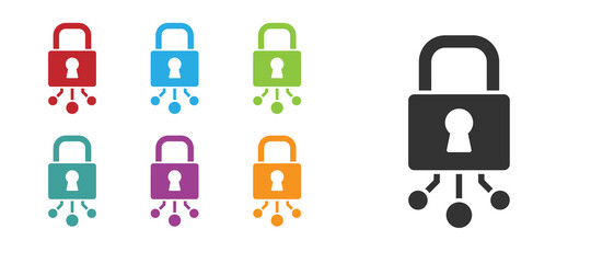 Black Cyber security icon isolated on white background. Closed padlock on digital circuit board. Safety concept. Digital data protection. Set icons colorful. Vector.