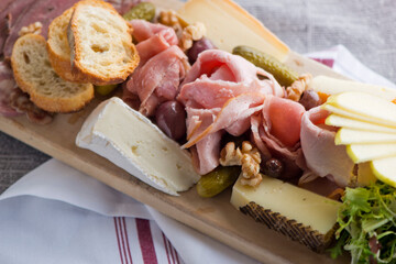 Charcuterie platter. Assortment on cured and salted deli meats and cheeses, pastrami, salami, prosciutto served with olives and dried fruits. Classic traditional party favorite.  