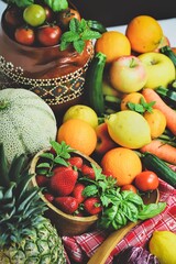 rustic composition of fruits and vegetables - healthy food, traditional cuisine
