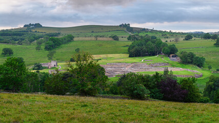 Remains of Vindolanda Roman Fort, an important Roman archaeological site, located just south of Hadrian's Wall in Northumberland National Park
