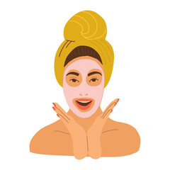 A young woman with yellow towel on her head, with a cosmetic mask on her face. Vector flat hand drawn illustration. Happy girl doing home skin care.