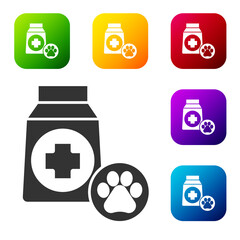 Black Bag of food for dog icon isolated on white background. Dog or cat paw print. Food for animals. Pet food package. Set icons in color square buttons. Vector.