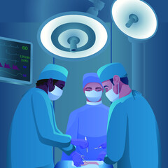 Vector medical concept. Surgeons in modern operation theater. Room with people, screen, assistant, surgical operation illustration. Surgeon team. Group of surgeons carrying out a serious operation.