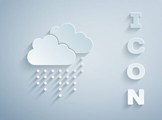 Paper cut Cloud with rain icon isolated on grey background. Rain cloud precipitation with rain drops. Paper art style. Vector.