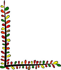 Obraz premium Colorful autumn Latin alphabet. The letter L is drawn by hand with a brush. Black branches and red, green, orange, yellow leaves. Foliage of a Bush. Vector image. Calligraphy and lettering. Eco,nature