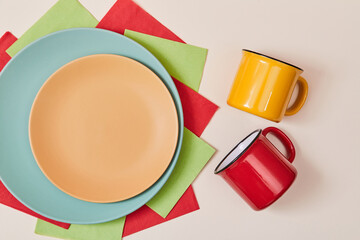 Festive dinner or Childrens party. Table setting background. Celebration concept. Top view of...