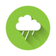 White Cloud with rain icon isolated with long shadow. Rain cloud precipitation with rain drops. Green circle button. Vector.