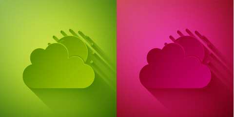 Paper cut Sun and cloud weather icon isolated on green and pink background. Paper art style. Vector.