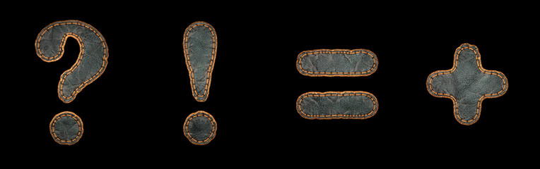 Set of symbols question mark, exclamation mark, equals, plus made of leather. 3D render font with skin texture isolated on black background.