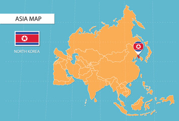 North Korea map in Asia, icons showing North Korea location and flags.