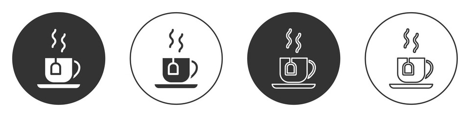 Black Cup of tea with tea bag icon isolated on white background. Circle button. Vector.