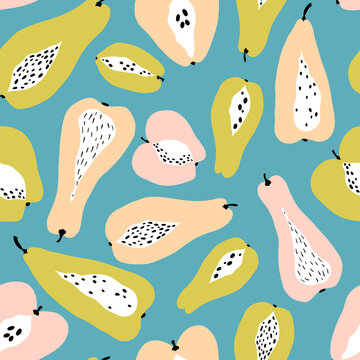 Seamless pattern with tropical fruits on blue background. Modern vector illustration in pastel colors. Ideal for wallpapers, textiles, wrapping paper, packaging, fabric and more
