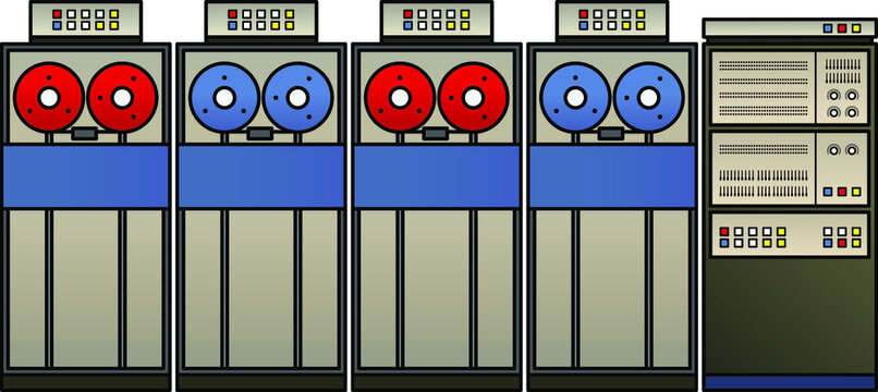 A Retro Mainframe Computer Setup With A Processor Cabinet, Classic Tape Drives.