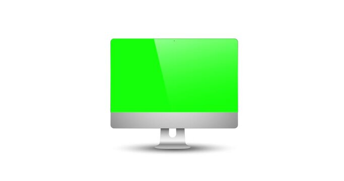 Animation of a personal computer with a green screen, on a white background