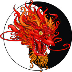 head red traditional Chinese dragon symbol and Yin Yang vector illustration print