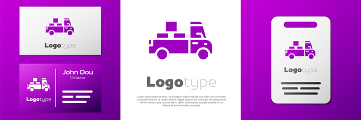 Logotype Delivery truck with cardboard boxes behind icon isolated on white background. Logo design template element. Vector.