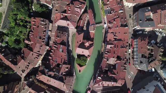 Annecy aerial view, France, Europe medieval city, streets and canals top view by drone, cityscape of historical  architecture