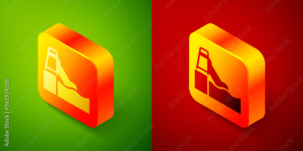Poster isometric water slide with pool icon isolated on green and red background. aquapark. square button. 