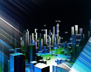 3D render of abstract  infographic with blue green columns and blurred lines. Big Data.  Business and finance analytics representation.  Futuristic geometric analyze data concept.