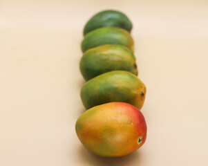 Transferring mango yellow from green. With front mango in focus and blurred mango with clean background. 