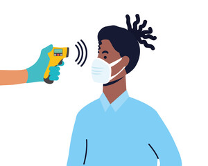 check temperature with laser thermometer to afro male patient