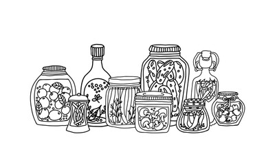 Preserved food vector illustration. Zero waste bulk food storage in glass jars: pickles, tomato, pepper, vinegar, maraschino cherry, mushroom, green bean. Hand drawn preserved vegetables and fruits.