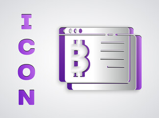 Paper cut Cryptocurrency coin Bitcoin icon isolated on grey background. Physical bit coin. Blockchain based secure crypto currency. Paper art style. Vector.