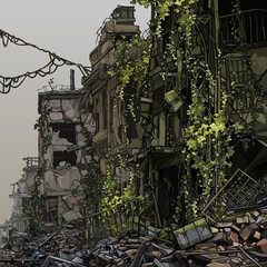 old cartoony ruins of three story houses overgrown with green plants