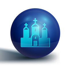 Blue Church building icon isolated on white background. Christian Church. Religion of church. Blue circle button. Vector.