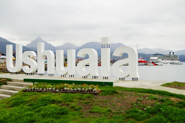 Modern luxury cruiseship or cruise ship liner in port of Ushuaia, Patagonia in Argentina with...