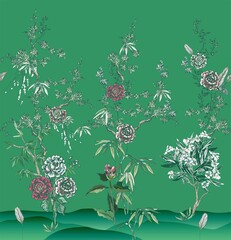 Chinoiserie Floral Seamless Border Exotic Flowers Blooming Trees on Green Background, Oriental Mural Roses and Oleander Vintage Wallpaper Print
