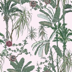 Exotic Plants, Palm Trees and Rose Flowers in Jungle, Chinoiserie Vintage Engraving Rainforest Seamless Pattern on Pink Background, Pale Colors - 362928012