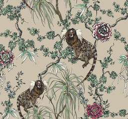 Chinoiserie Monkeys in Floral Trees, Oriental Chinese Wallpaper, Wildlife in Tropical Plants and Rose Flowers on Beige Background, Engraving Asian Liana Seamless Pattern 