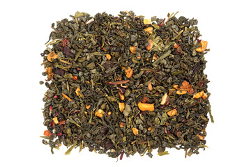  Leaves of Chinese Dry Tea Top Grade with Goji Berries and Powdered Acai on White Background