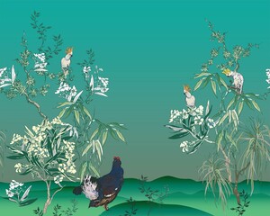 Blumengarten Blowing Trees mit exotischen Vögeln, Chinoiserie Seamless Border, orientalische Tapete Oleander Blumen Bäume mit Papageien auf Gradienten Hintergrund