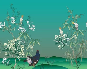 Photo sur Plexiglas Corail vert Jardin floral soufflant des arbres avec des oiseaux exotiques, bordure transparente de chinoiserie, papier peint oriental fleurs de laurier-rose arbres avec des perroquets sur fond dégradé