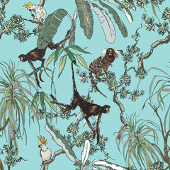 Monkeys and Exotic Birds in Chinoiserie Jungle Forest, Oriental Wallpaper Design Tropical Plants and Palms, Animals Jumping on Lianas Vintage Seamless Pattern on Blue Background