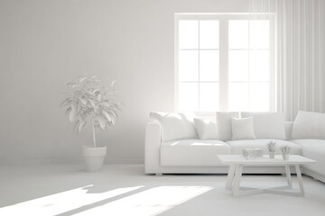 Stylish minimalist room with sofa in white color. Scandinavian interior design. 3D illustration