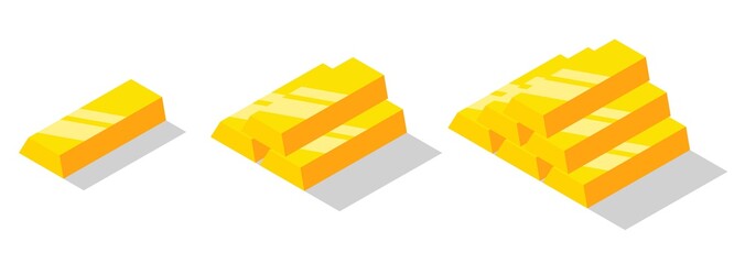 Isometric golden bars set. Gold bricks or ingot isolated