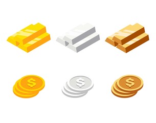 Set of bars and coins in isometric style. Gold, silver and bronze bricks or ingot and coins