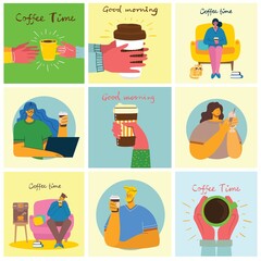 Smiling people friend drinking coffee and talking. Coffee time, break and relaxation vector concept cards. Vector illustration in flat design style