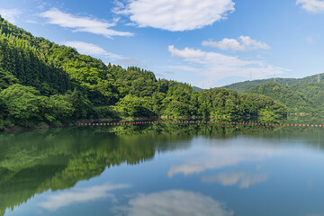 Fototapeta na wymiar 青空の中ダムの水面に映る森林